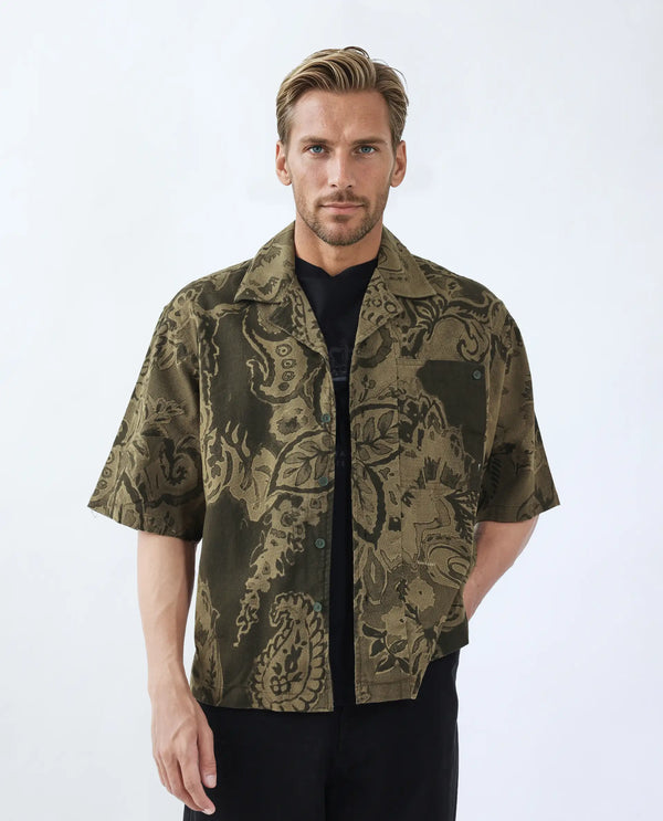 Rare Rabbit Men's Trish Olive Cotton Fabric Short Sleeve Cuban Collar Button Closure Paisley Print Shirt