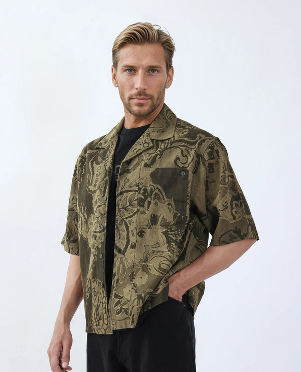 Rare Rabbit Men's Trish Olive Cotton Fabric Short Sleeve Cuban Collar Button Closure Paisley Print Shirt