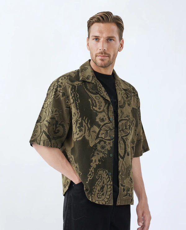 Rare Rabbit Men's Trish Olive Cotton Fabric Short Sleeve Cuban Collar Button Closure Paisley Print Shirt