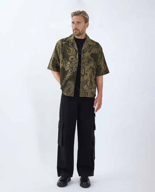 Rare Rabbit Men's Trish Olive Cotton Fabric Short Sleeve Cuban Collar Button Closure Paisley Print Shirt