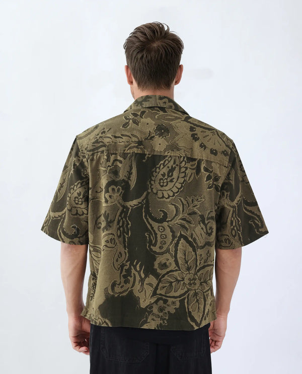Rare Rabbit Men's Trish Olive Cotton Fabric Short Sleeve Cuban Collar Button Closure Paisley Print Shirt