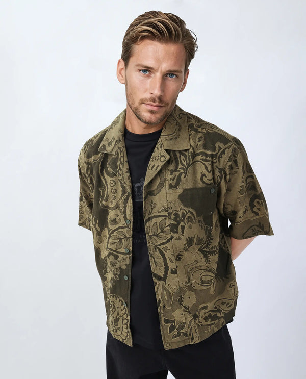 Rare Rabbit Men's Trish Olive Cotton Fabric Short Sleeve Cuban Collar Button Closure Paisley Print Shirt