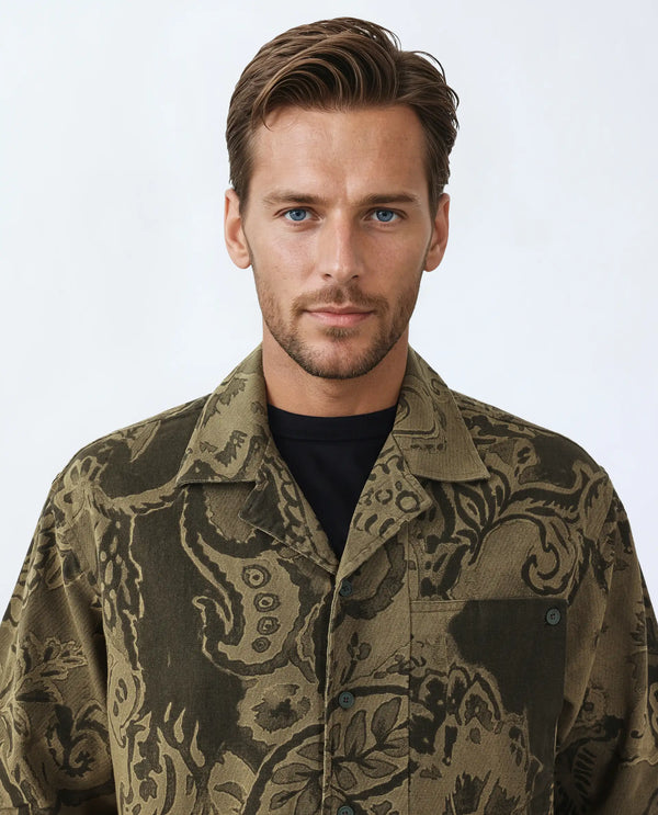 Rare Rabbit Men's Trish Olive Cotton Fabric Short Sleeve Cuban Collar Button Closure Paisley Print Shirt