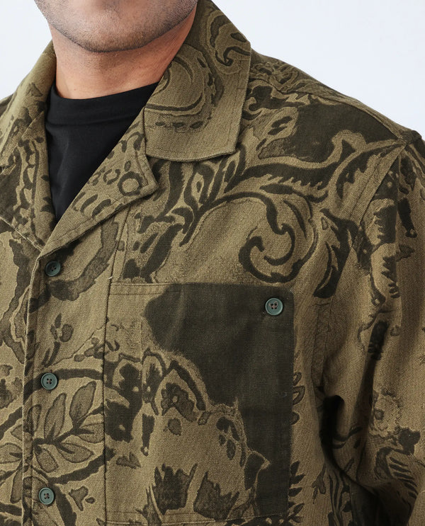 Rare Rabbit Men's Trish Olive Cotton Fabric Short Sleeve Cuban Collar Button Closure Paisley Print Shirt