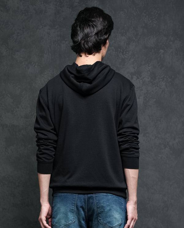 Rare Rabbit Men's Trivial Black Cotton Polyester Fabric Full Sleeves Logo Graphic Badge Hooded Sweatshirt
