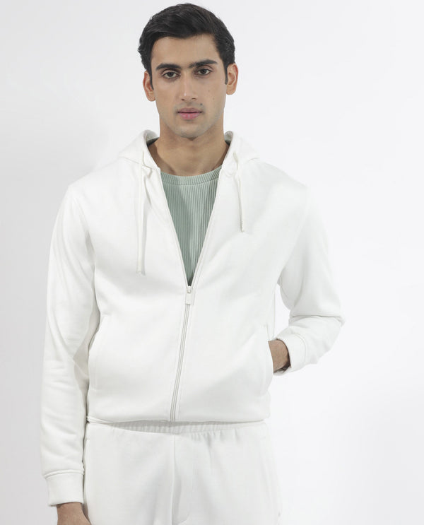Rare Rabbit Men's Trood Off White Cotton Fabric Full Sleeves Zip Closure Regular Fit Solid Hooded Sweatshirt