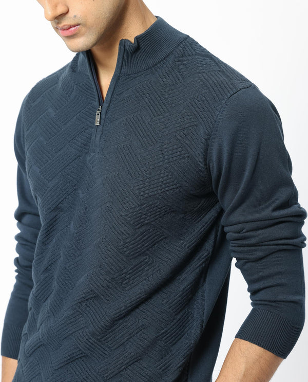 Rare Rabbit Mens Troyo Blue Sweater Full Sleeve High Neck Solid