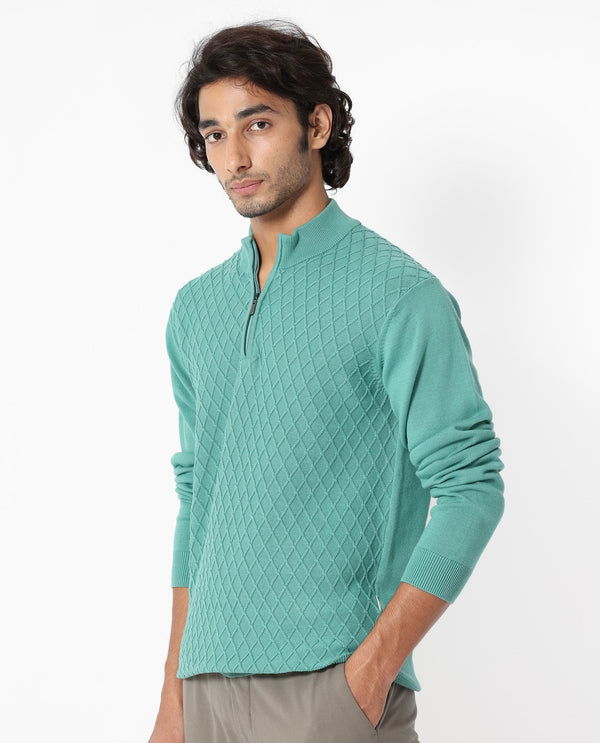 Rare Rabbit Mens Troyo Pastel Green Sweater Cotton Fabric High Neck Knitted Full Sleeves Zipper Closure Regular Fit
