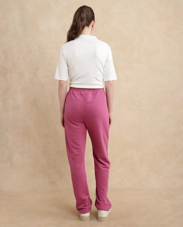 Rareism Women Trunky Dark Pink Cotton Blend Fabric Straight Fit Ankle Length Plain Track Pant