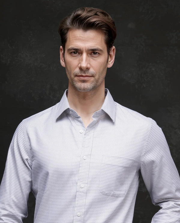 Rare Rabbit Men Tucky Grey Cotton Blend Fabric Full Sleeve Regular Fit Houndstooth Print Cufflinked Premium Business Shirt