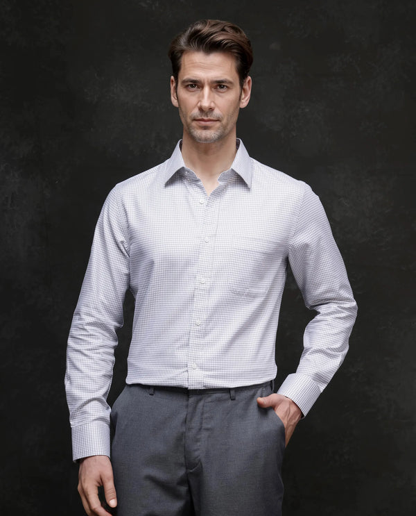 Rare Rabbit Men Tucky Grey Cotton Blend Fabric Full Sleeve Regular Fit Houndstooth Print Cufflinked Premium Business Shirt