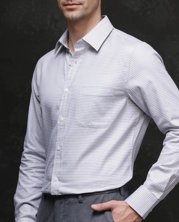 Rare Rabbit Men Tucky Grey Cotton Blend Fabric Full Sleeve Regular Fit Houndstooth Print Cufflinked Premium Business Shirt