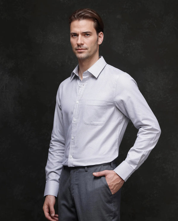 Rare Rabbit Men Tucky Grey Cotton Blend Fabric Full Sleeve Regular Fit Houndstooth Print Cufflinked Premium Business Shirt
