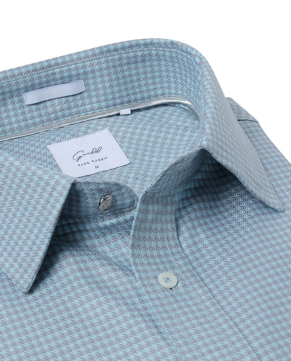 Rare Rabbit Men Tucky Light Blue Cotton Blend Fabric Full Sleeve Regular Fit Houndstooth Print Cufflinked Premium Business Shirt