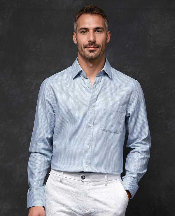 Rare Rabbit Men Tucky Light Blue Cotton Blend Fabric Full Sleeve Regular Fit Houndstooth Print Cufflinked Premium Business Shirt