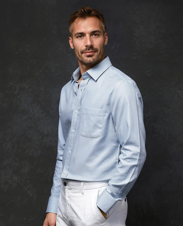 Rare Rabbit Men Tucky Light Blue Cotton Blend Fabric Full Sleeve Regular Fit Houndstooth Print Cufflinked Premium Business Shirt