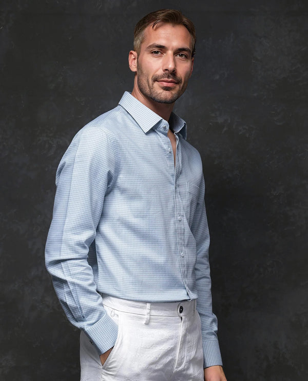 Rare Rabbit Men Tucky Light Blue Cotton Blend Fabric Full Sleeve Regular Fit Houndstooth Print Cufflinked Premium Business Shirt