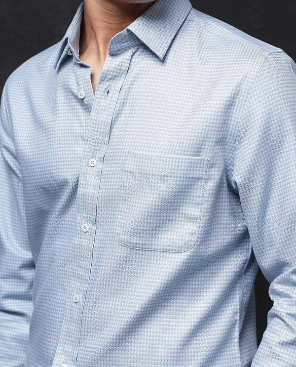 Rare Rabbit Men Tucky Light Blue Cotton Blend Fabric Full Sleeve Regular Fit Houndstooth Print Cufflinked Premium Business Shirt