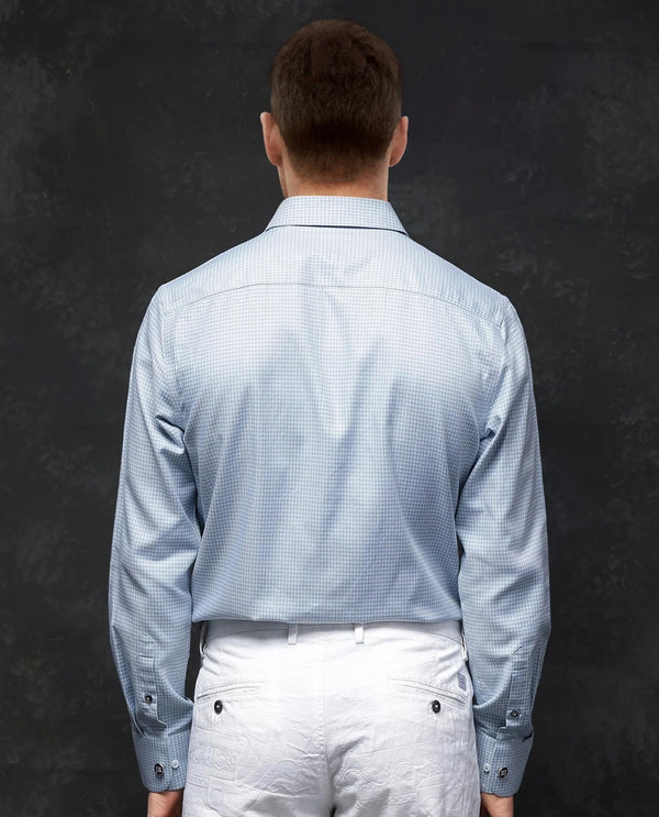 Rare Rabbit Men Tucky Light Blue Cotton Blend Fabric Full Sleeve Regular Fit Houndstooth Print Cufflinked Premium Business Shirt