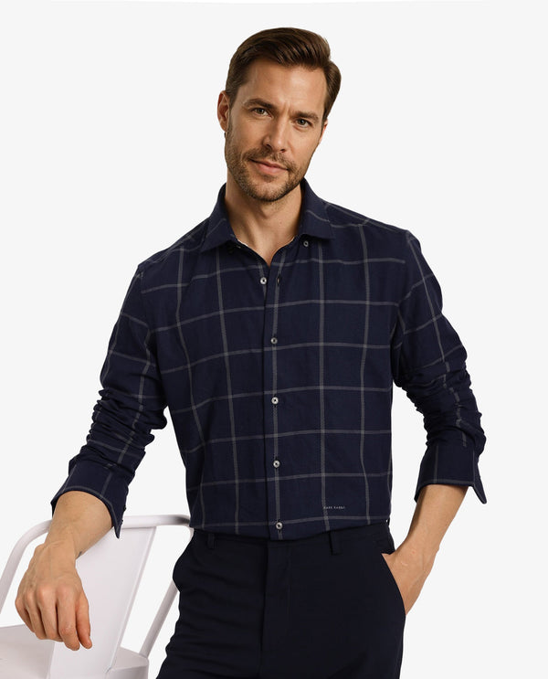 Rare Rabbit Men Tuffah Dark Navy Cotton Fabric Full Sleeve Regular Fit Twill Checks Shirt