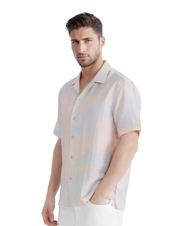 Rare Rabbit Men Tugi Blue Nylon Tencel Fabric Short Sleeve Cuban Collared Boxy Fit Digital Print Shirt