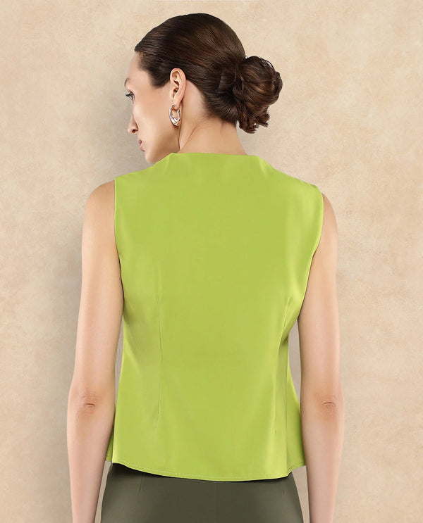 Rareism Women Tuika Flouroscent Green Satin Sleeveless Over Lap Neck Button Closure Plain Top