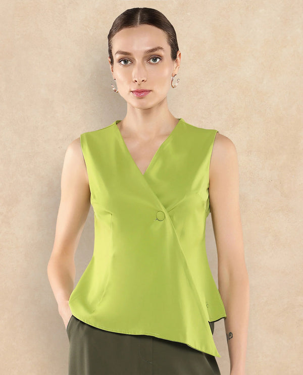 Rareism Women Tuika Flouroscent Green Satin Sleeveless Over Lap Neck Button Closure Plain Top