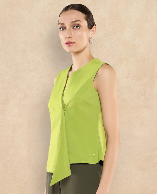 Rareism Women Tuika Flouroscent Green Satin Sleeveless Over Lap Neck Button Closure Plain Top