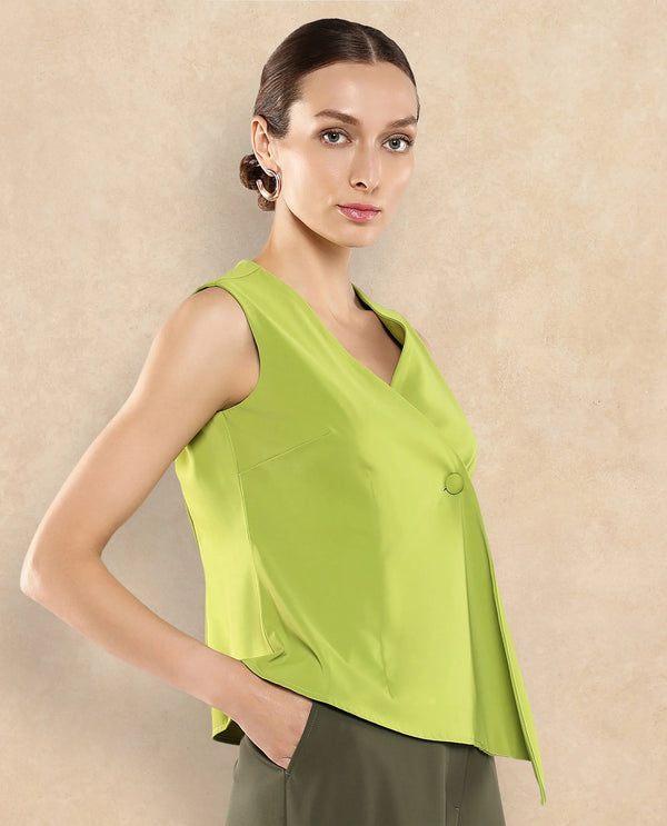 Rareism Women Tuika Flouroscent Green Satin Sleeveless Over Lap Neck Button Closure Plain Top