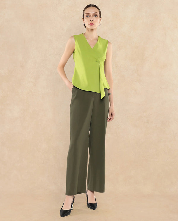 Rareism Women Tuika Flouroscent Green Satin Sleeveless Over Lap Neck Button Closure Plain Top