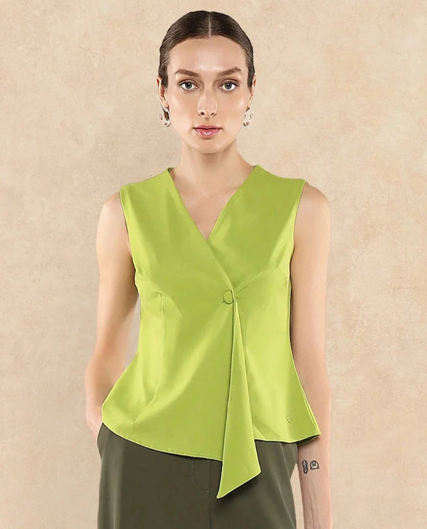 Rareism Women Tuika Flouroscent Green Satin Sleeveless Over Lap Neck Button Closure Plain Top