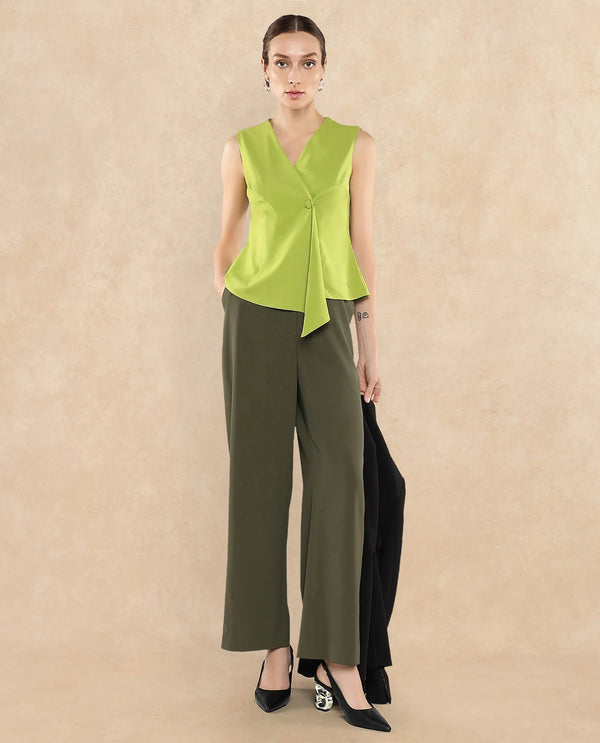 Rareism Women Tuika Flouroscent Green Satin Sleeveless Over Lap Neck Button Closure Plain Top