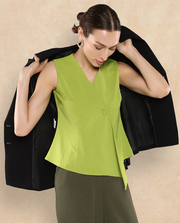 Rareism Women Tuika Flouroscent Green Satin Sleeveless Over Lap Neck Button Closure Plain Top