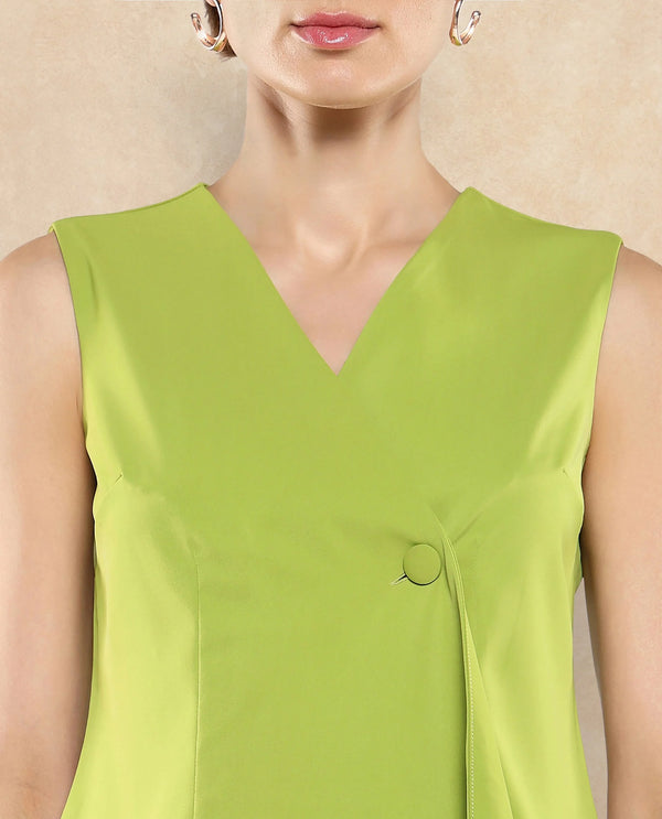 Rareism Women Tuika Flouroscent Green Satin Sleeveless Over Lap Neck Button Closure Plain Top