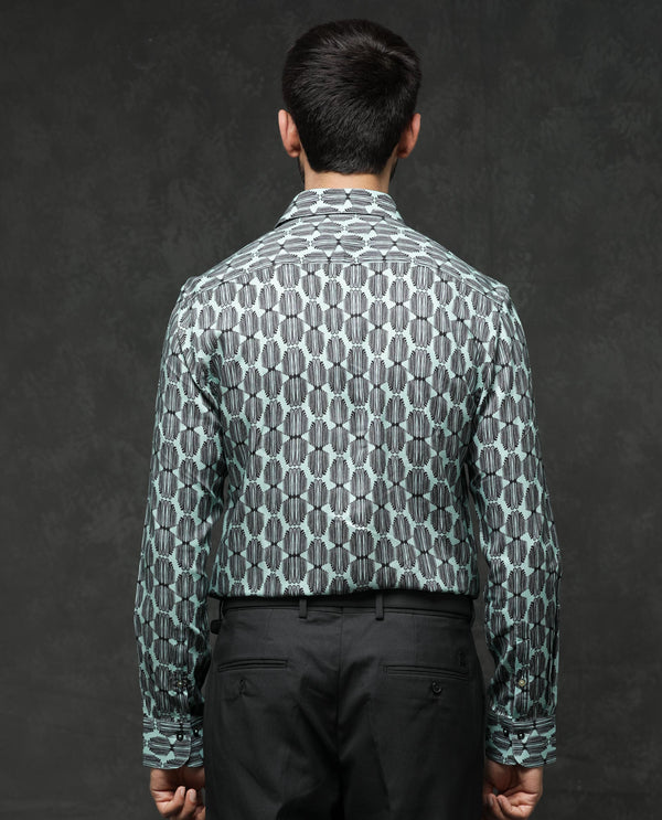Rare Rabbit Mens Tulls Dusky Turq Full Sleeve Geometric Print Shirt