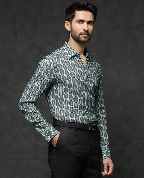 Rare Rabbit Mens Tulls Dusky Turq Full Sleeve Geometric Print Shirt