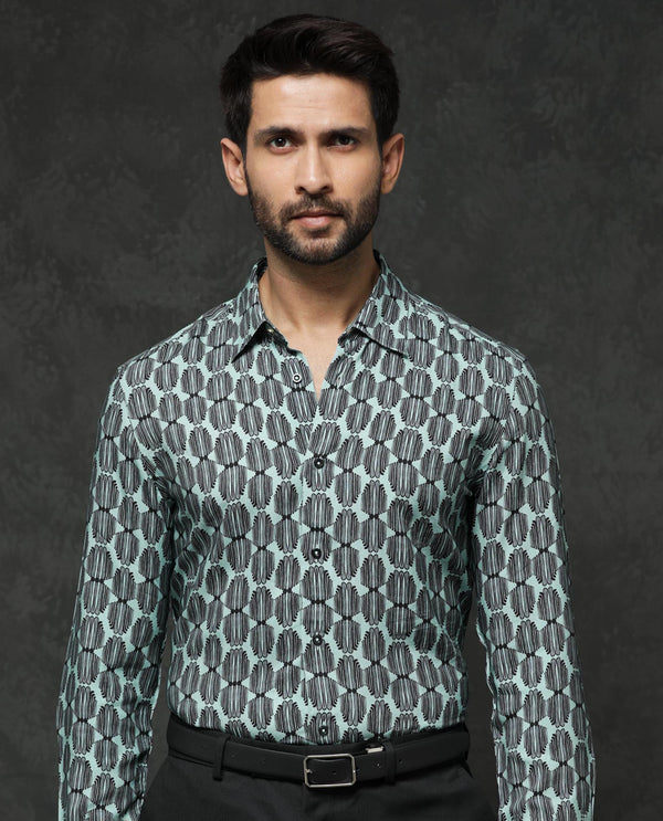 Rare Rabbit Mens Tulls Dusky Turq Full Sleeve Geometric Print Shirt