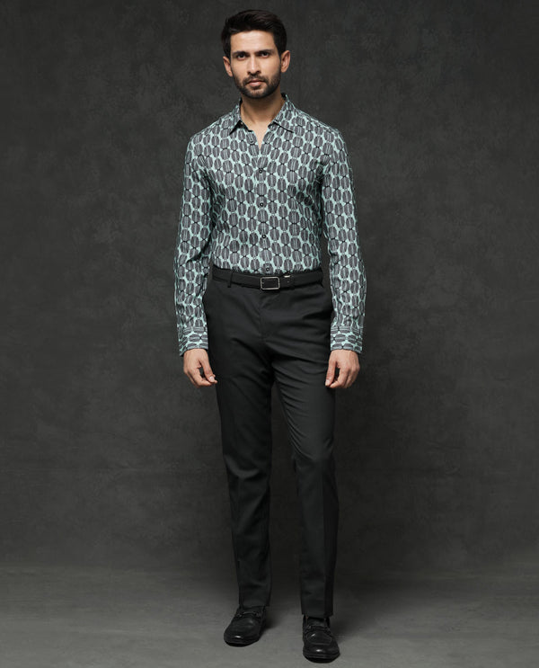 Rare Rabbit Mens Tulls Dusky Turq Full Sleeve Geometric Print Shirt