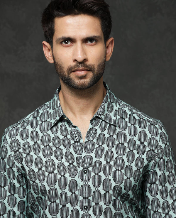 Rare Rabbit Mens Tulls Dusky Turq Full Sleeve Geometric Print Shirt