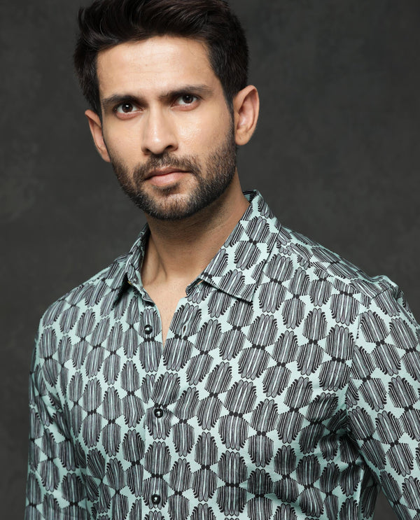 Rare Rabbit Mens Tulls Dusky Turq Full Sleeve Geometric Print Shirt