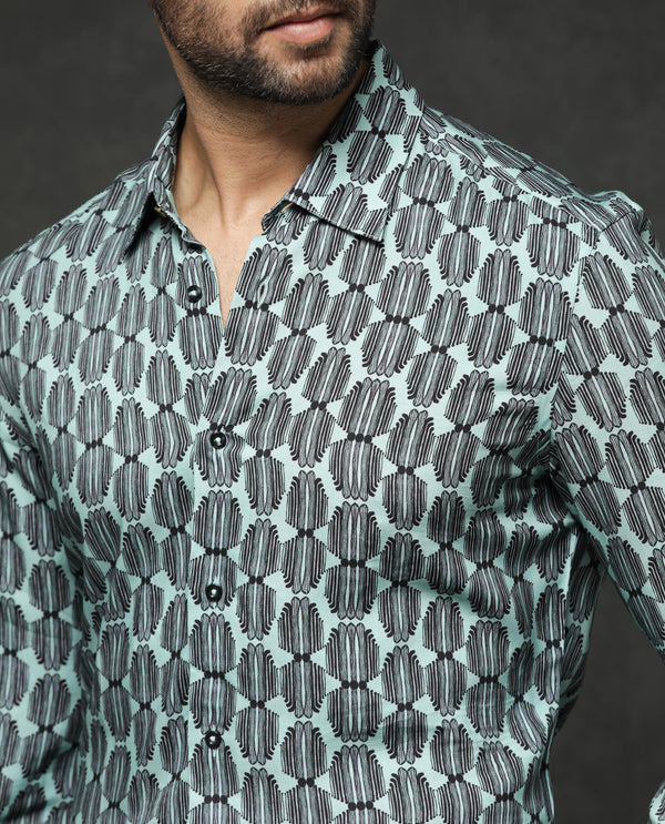 Rare Rabbit Mens Tulls Dusky Turq Full Sleeve Geometric Print Shirt