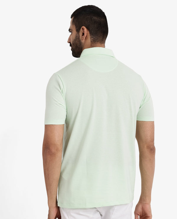 Rare Rabbit Men's Tunas Light Green Cotton Polyester Fabric Collared Neck Half Sleeves Striped Polo T-Shirt