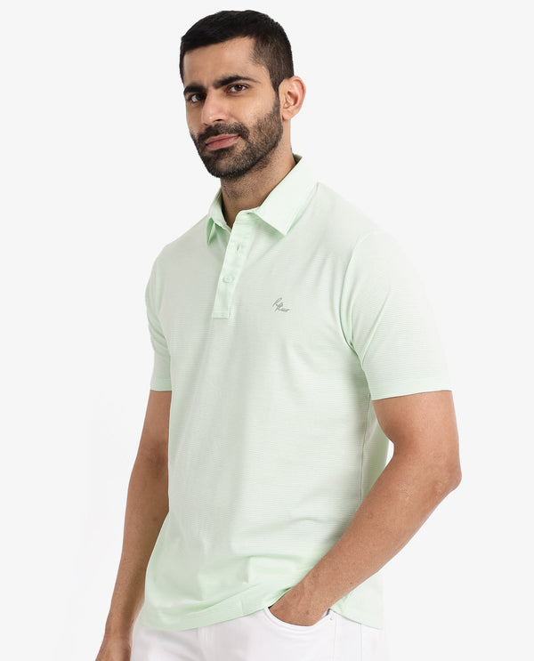 Rare Rabbit Men's Tunas Light Green Cotton Polyester Fabric Collared Neck Half Sleeves Striped Polo T-Shirt