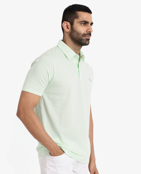 Rare Rabbit Men's Tunas Light Green Cotton Polyester Fabric Collared Neck Half Sleeves Striped Polo T-Shirt