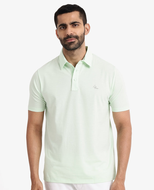 Rare Rabbit Men's Tunas Light Green Cotton Polyester Fabric Collared Neck Half Sleeves Striped Polo T-Shirt