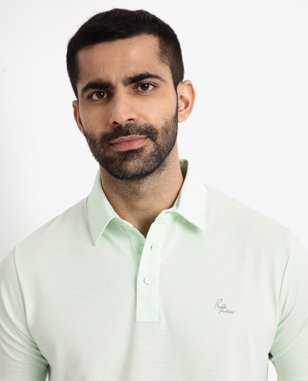Rare Rabbit Men's Tunas Light Green Cotton Polyester Fabric Collared Neck Half Sleeves Striped Polo T-Shirt