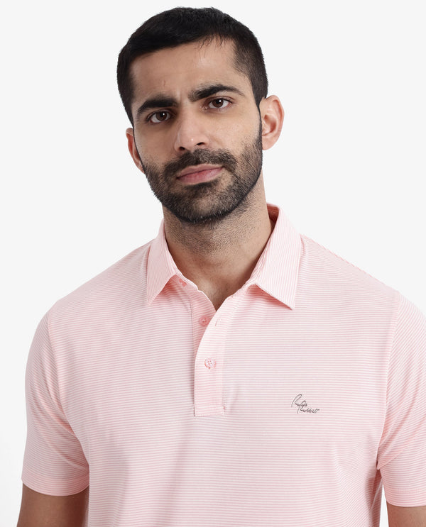 Rare Rabbit Men's Tunas Light Pink Cotton Polyester Fabric Collared Neck Half Sleeves Striped Polo T-Shirt