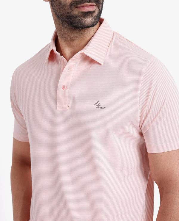 Rare Rabbit Men's Tunas Light Pink Cotton Polyester Fabric Collared Neck Half Sleeves Striped Polo T-Shirt