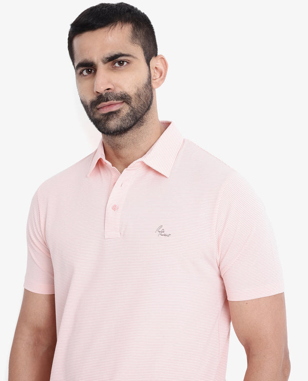 Rare Rabbit Men's Tunas Light Pink Cotton Polyester Fabric Collared Neck Half Sleeves Striped Polo T-Shirt