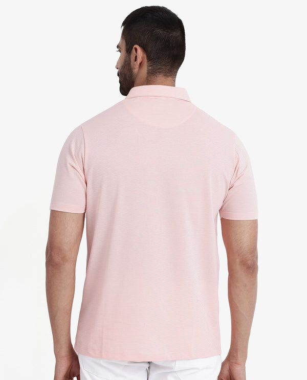 Rare Rabbit Men's Tunas Light Pink Cotton Polyester Fabric Collared Neck Half Sleeves Striped Polo T-Shirt